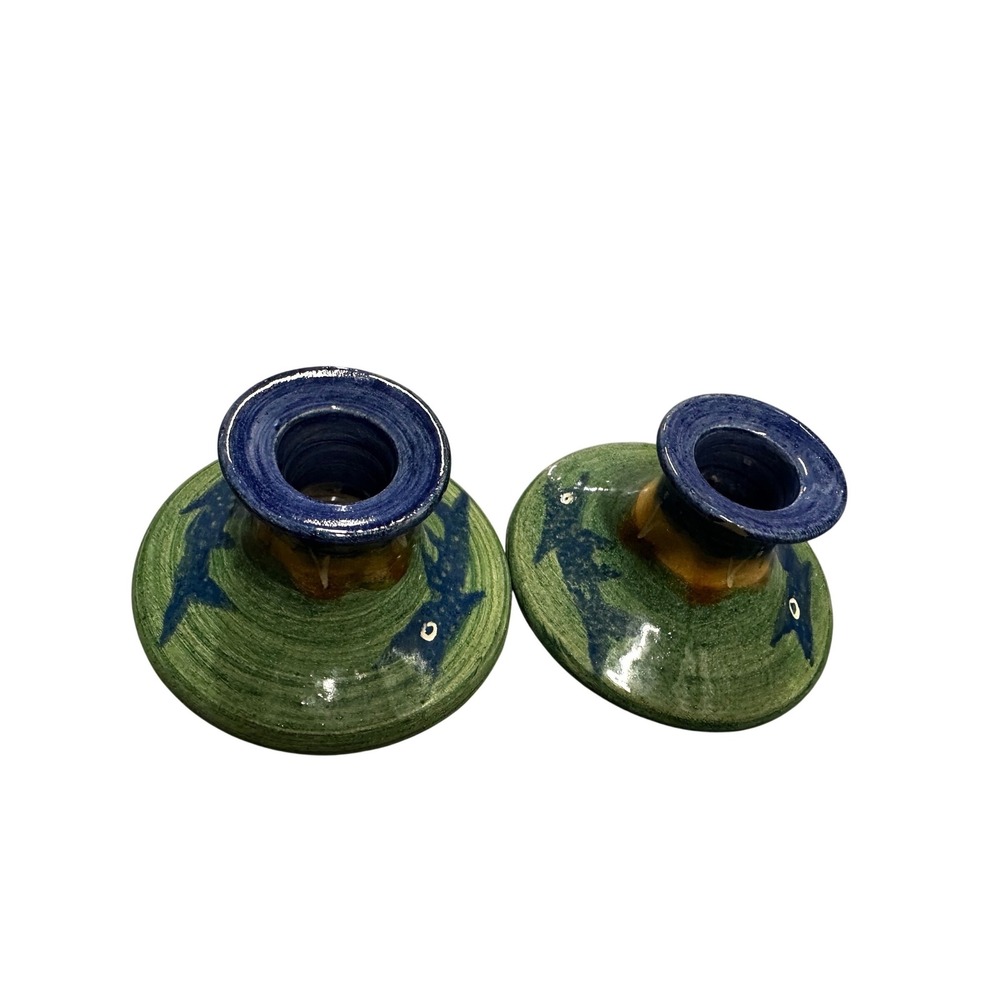 Vintage Studio Pottery Fish Candlestick Holders Pair Green Blue Glazed Ceramic